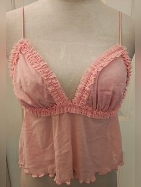 Y2K Urban Outfitters Pink Semi Sheer Ruffle Babydoll Cami Tank Top.